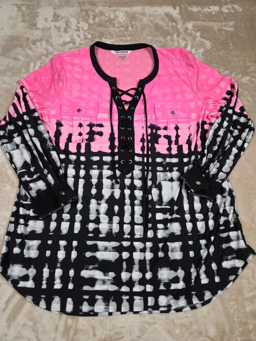 Peter Nygard Pink & Black Geometric Lace Up Tunic Blouse